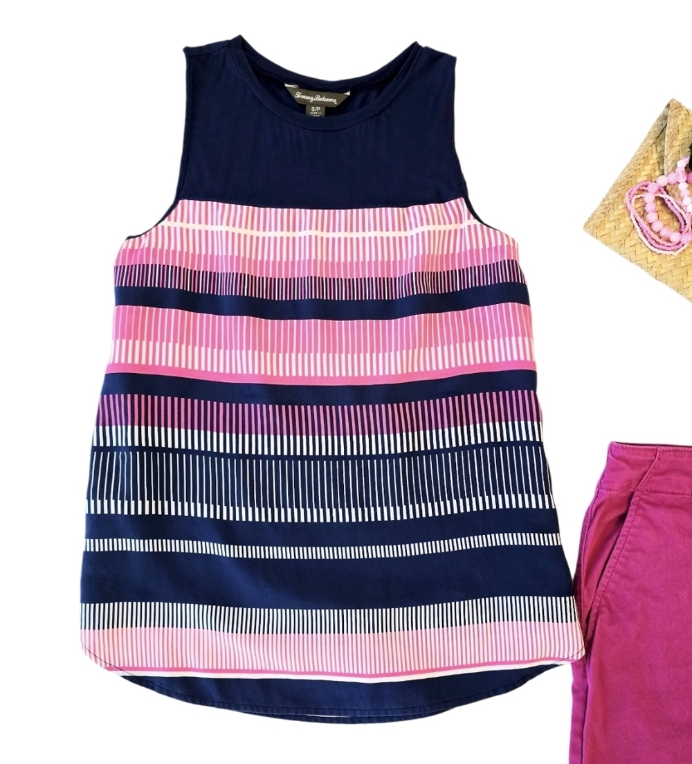 Tommy Bahama Women's Striped Pink Navy Sleeveless Top Size Small Silk Outdoors - Picture 13 of 13